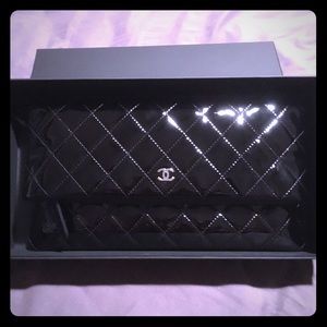 Chanel black patent quilted fold over clutch